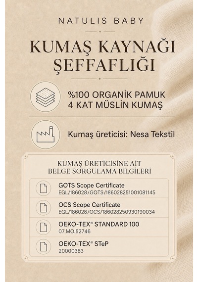 Natulis Baby %100 Organik Pamuk Kumaş 4 Kat Müslin Bebek Battaniyesi 110x110 cm Gri