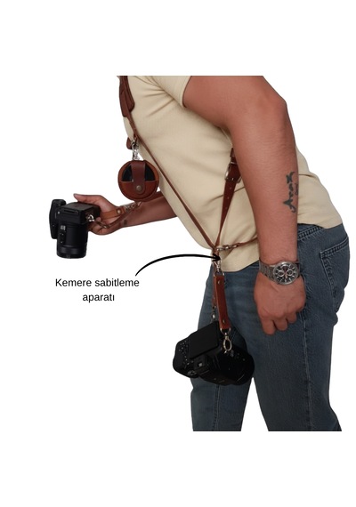 Kahverengi Profesyonel Hakiki Deri Çiftli Fotoğraf Makinesi Omuz Askısı Harnes