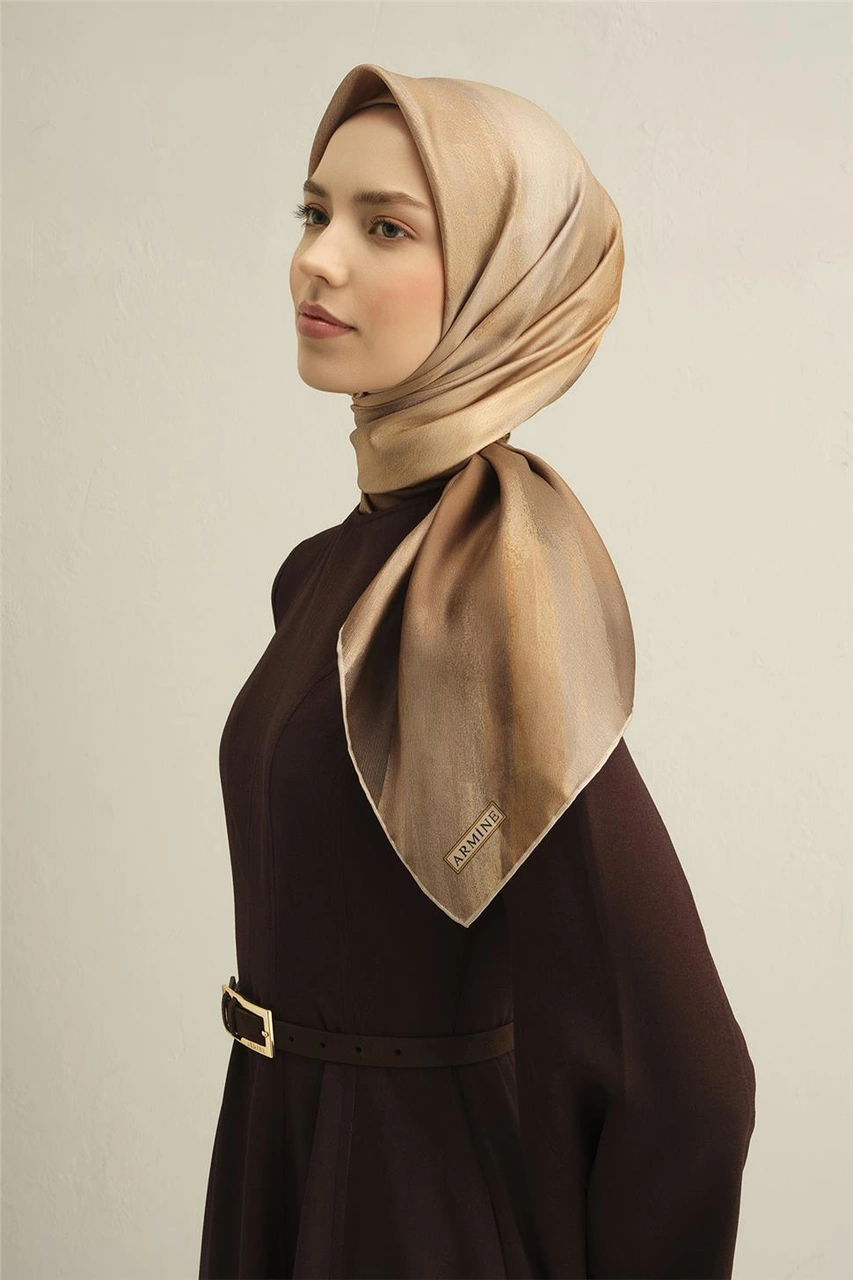 Armine Soyut Desenli Saf İpek Twill Eşarp 9308d 08 Camel