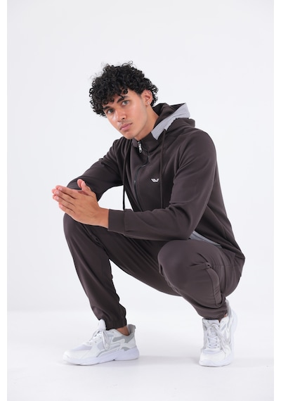 Rowinger Modal Kumaş Kapüşonlu Fermuarlı Kontrast Detaylı Erkek Sweatshirt Brown