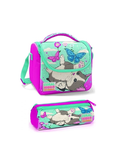 Coral High Kız Çocuk Pembe Yeşil Kedi Beslenme Çantası Seti