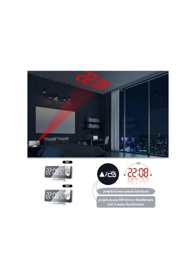 Led Dijital Projeksiyonlu Saat Masaüstü-usb'li Fm Radyolu-4 Parlaklık Mod Siyah