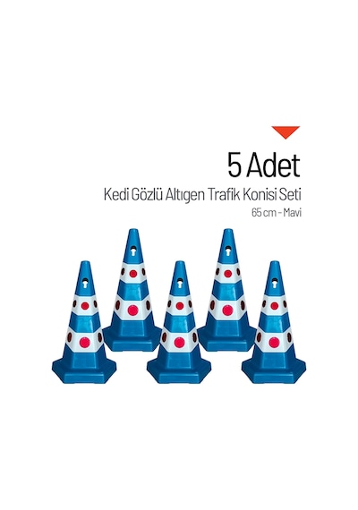 5 Adet Kedi Gözlü Mavi Altıgen Trafik Konisi 65 Cm Trafik Dubası Seti-3537