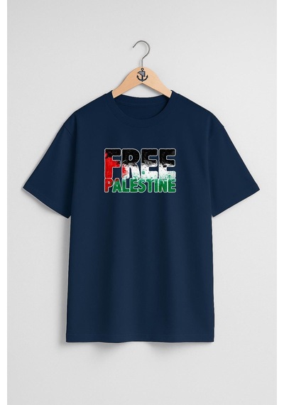 Bahriyeli Collection Oversize Free Palestine Göğüs Tasarımlı Unisex T-shirt Lacivert