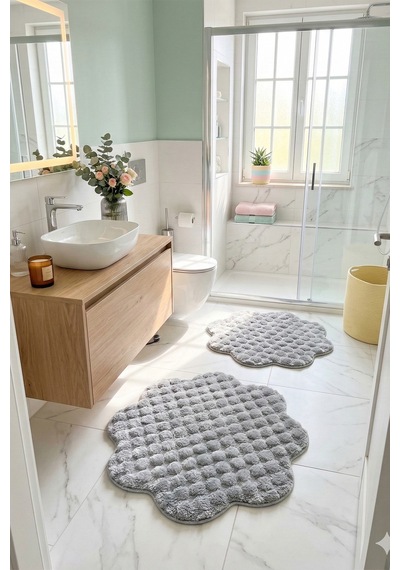 Bubble Papatya Banyo Paspası 2'li Set Pofuduk Yumuşak Peluş Kaymaz Taban Dekoratif Banyo Halısı Gri