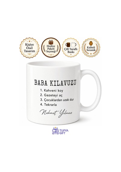 Baba Kılavuzu Yazılı Esprili Tasarım Kupa Bardak Babalar Günü Hediye Beyaz / Çok Renkli