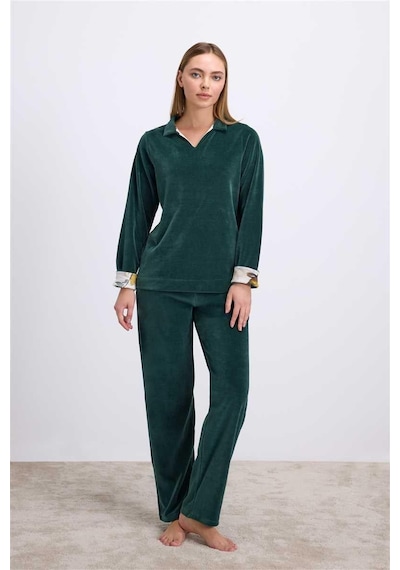 Findit Uzun Kollu Kadife Sweatshirt Ve Pantolon Pijama Takımı Koyu Yeşil