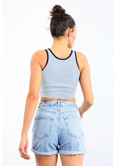 Tommy Life Gök Mavi Basic Sıfır Kol Dar Kalıp U Yaka Kadın Crop Top Atlet - 97162 Mavi