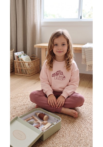 Mod Kids Kız Çocuk Eşofman Takımı Pamuklu Pudra Salyangoz Baskılı Açık Pudra