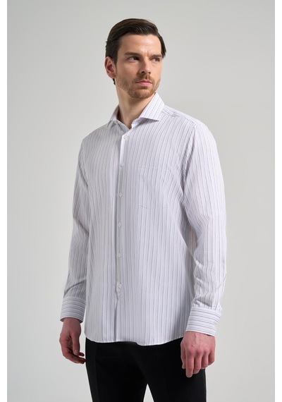 İmza Uzun Kol Çizgili Desen Bez Ayağı İtalyan Yaka Cepli Pamuklu Classic Comfort Fit Gömlek 1004250182 Beyaz İmza Uzun Kol Çizgili Desen Bez Ayağı İtalyan Yaka Cepli Pamuklu Classic Comfort Fit Gömlek 1004250182 Beyaz