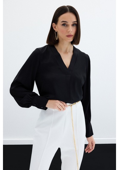 Sateen V Yaka Saten Bluz - Siyah-130162 Siyah