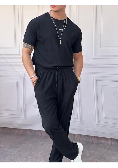 Modefendi İnce Fitil Desenli Oversize Kalıp Tshirt'lü Alt Üst Takım Siyah
