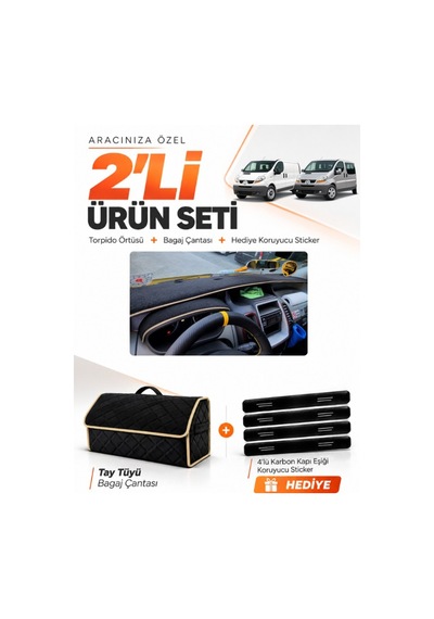 Renault Trafıc 2001-2014 Uyumlu Torpido Örtüsü + Tay Tüyü Bagaj Çantası + Sticker Seti - Siyah Bej