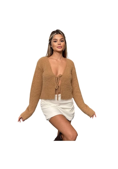 Kechi Woman Sakallı Bağlamalı Camel Renk Triko Hırka Çok Renkli
