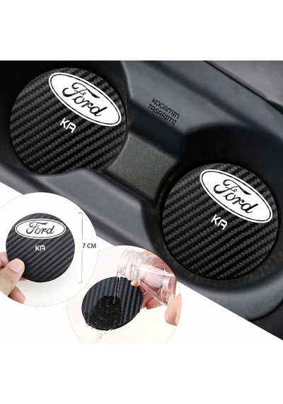 Ford Ka Yazılı Siyah Karbon Araç Bardak Altlığı Ford Logolu Ka İçin Şık Ve Spor 7 Cm Tasarım 2 Adet 2 Adet