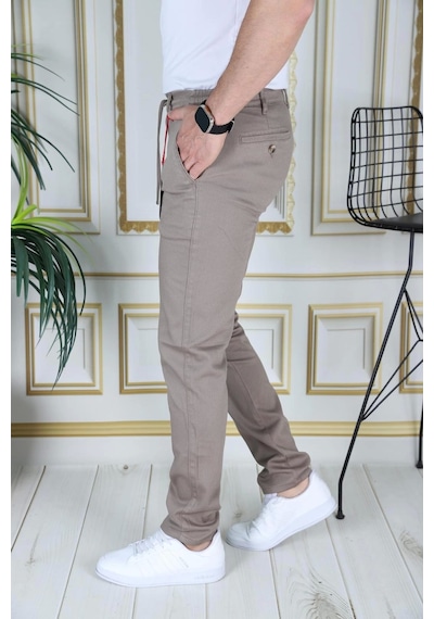 Phantom Jeans Erkek Kahve Slim Fit Esnek Likralı Armürlü Keten Pantolon Bağcıklı Kemerli Beli Lastikli Şık Pantolo Sütlü Kahve
