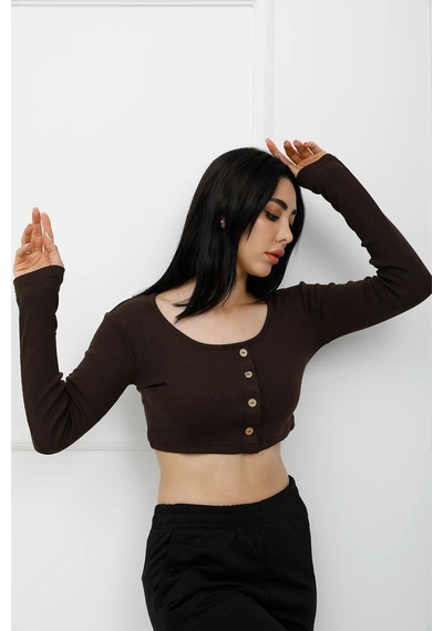Modi Düğmeli Mini Crop Bady Kahve - P-020494 Altın - Siyah