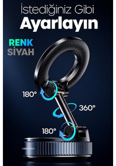 Magnetpro 360 Ayarlanabilir Araç İçi Masa Üstü Vakumlu Mıknatıslı Magsafe Telefon Tutucu Siyah Siyah