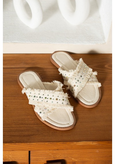 Dabab Shoes İnka Kadın Hasır Dokulu Kuş Gözü Detaylı Düz Ekru Terlik