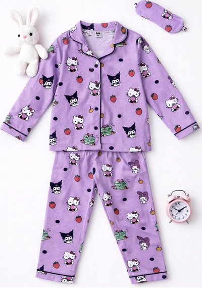 Beka Kids Desenli Uzun Kollu Önden Düğmeli Gömlek Yaka Kız Çocuk Pijama Takımı Ve Göz Bandı Mor Beka Kids Desenli Uzun Kollu Önden Düğmeli Gömlek Yaka Kız Çocuk Pijama Takımı Ve Göz Bandı Mor