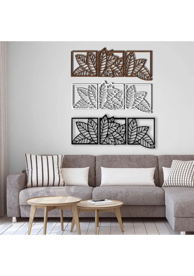Yaprak Model 3 Lü Dekor Ahşap Duvar Süs Tablo Siyah Renk 147x52 Cm