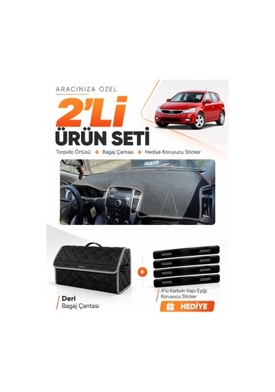 Kia Ceed 2006-2012 Uyumlu Torpido Örtüsü + Deri Bagaj Çantası + Sticker Seti - Siyah Gri