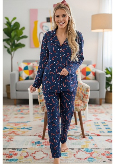 Siyah İnci Örme Düğmeli Pijama Takımı 7602 Lacivert Baston
