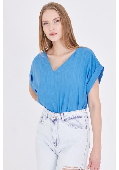 Armonika Kadın Mavi V Yaka Yanları Yırtmaçlı Arkası Uzun Duble Kol Detaylı Oversize Bluz Arm-24y001074