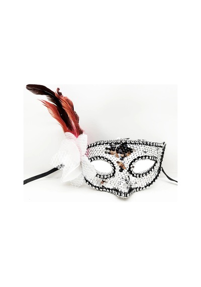 Gümüş Renk Yandan Tüylü Güllü Gümüş Taşlı Pullu Maske 20x22 Cm Diğer