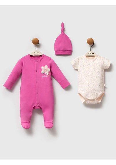 Moi Noi Baby Moi Noi 3lü Şapkalı Baskılı Tulum - Fusya Fuşya