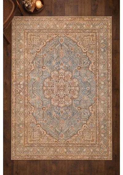 Artloop İstanbul Bej Mavi Oryantal Vintage Desenli Dokuma Tabanlı Şönil Halı Al 623 Bej-mavi