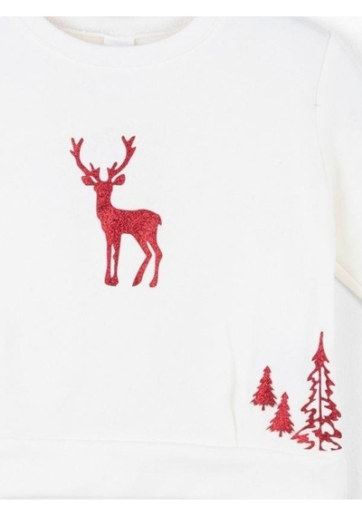 Nk Kids Kız Çocuk Parlak Kırmızı Geyik Desenli Sweatshirt-13488 Ekru