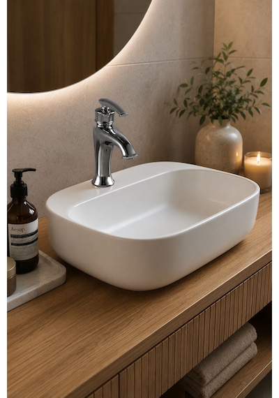Lena E-2101 Tezgah Üstü Porselen Lavabo Dikdörtgen Beyaz Tezgah Üstü Lavabo