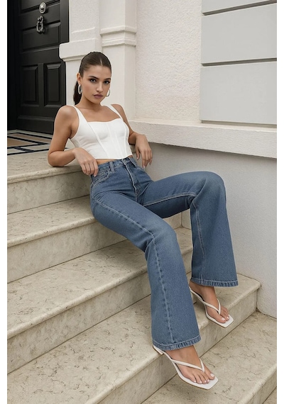 Blue White Kadın Yüksek Bel Wide Leg Mavi Jean Pantolon Mavi 28
