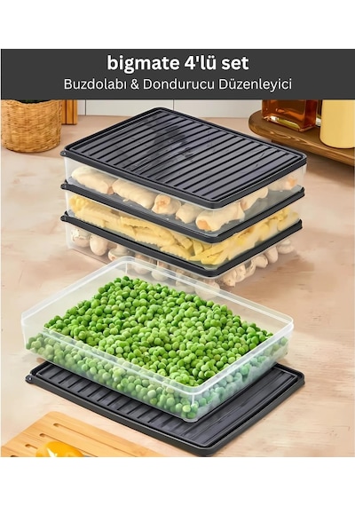 Bigmate Bgmt2525 4'lü Şeffaf Saklama Kabı 4x2,5 Lt Mikrodalga Buzdolabı Ve Dondurucu Uyumlu Düzenleyici Siyah