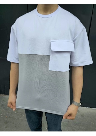 Unisex Torba Cep Detaylı Parçalı T-shirt - Gri Gri