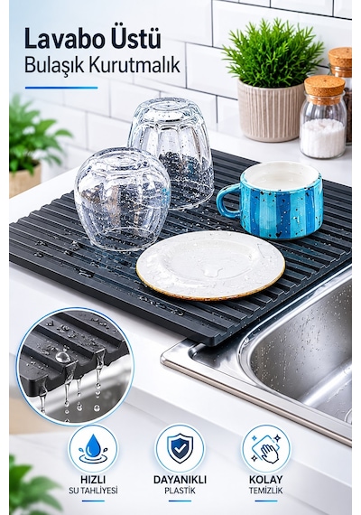 Sas Haus Plastik Pratik Lavabo Tezgah Üstü Bulaşık Kurutmalığı Siyah 35 X 45 S-10145