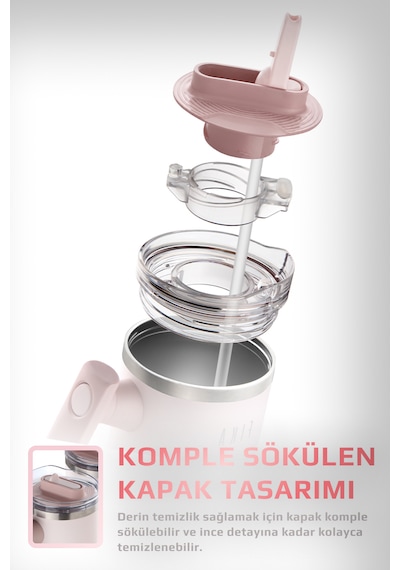 Fika Lumi Patentli Döner Kulplu Sızdırmaz Çift Ağızlıklı Çelik Termos 950 Ml Pembe