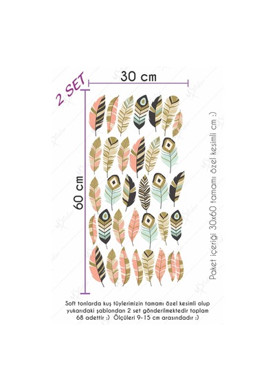 MSticker Bohem Tarzı Kuş Tüyleri 68 Adet Çocuk Bebek Odası Sticker Seti