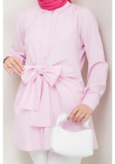 Çizgili Poplin Bağlamalı Gömlek - Pudra / Ü103 Pudra