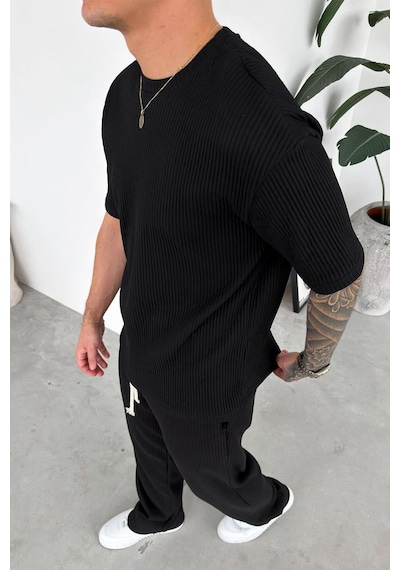 Siyah Ottoman Kumaş Oversize Tişört