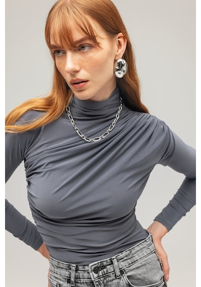 Saade Sââde Kadın Drapeli Boğazlı Uzun Kollu Örme Bluz - Slim Fit Antrasit