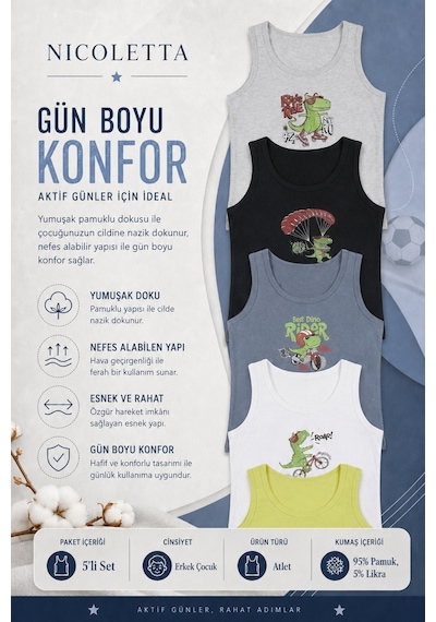Tom John Nicoletta Erkek Çocuk Atlet Geniş Askılı Dinazor Baskılı Mıxcolor