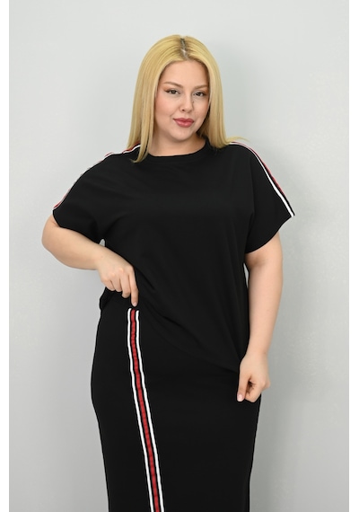 Koza Butik Kadın Büyük Beden Kısa Kollu Şeritli Etek Takım 8204-25