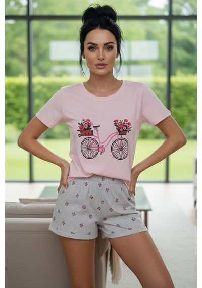 Siyah İnci Pembe Desenli Pamuklu Bisiklet Yaka Örme Şortlu Pijama Takım 26111040