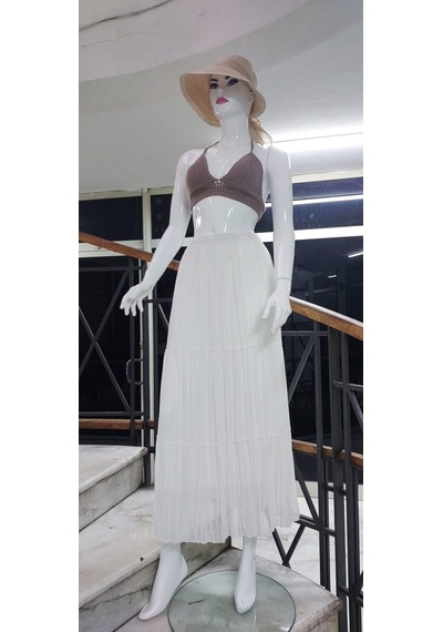 Eren Style Beli Lastikli Astarlı Uzun Şifon Etek-8960 Beyaz