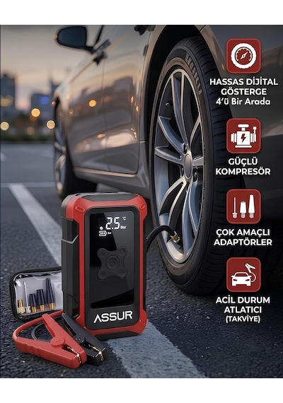 Assur Asr8107 16000mah 4ü1 Arada Akü Takviye Cihazı, Hava Kompresörü, Powerbank Ve Led Fener