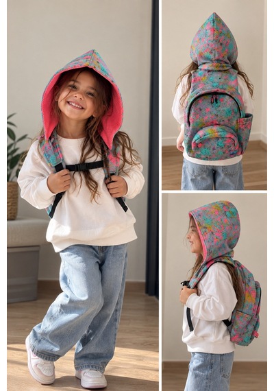Unisex Çocuk Su Geçirmez Pollock Desenli Çıkarılabilir Kapüşonlu Sırt Çantası Pembe