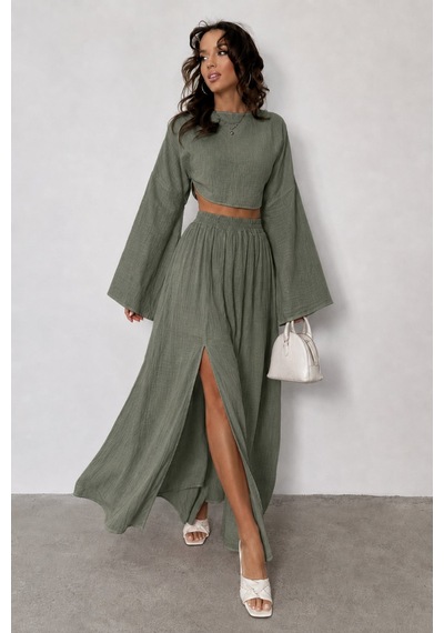 Unika Boutique Ham Keten Bohem Bluz Etek Takım Acık Haki