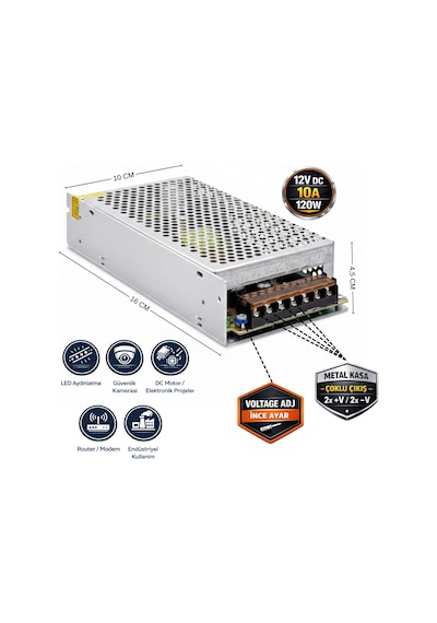 Hightek 12v 10a Metal Kasa Adaptör 120w Dc Güç Kaynağı Kalın Gövde